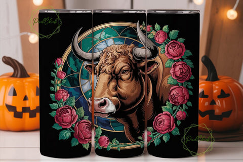 Stained Glass Bull & Roses 20oz Tumbler Sublimation PixelChick 
