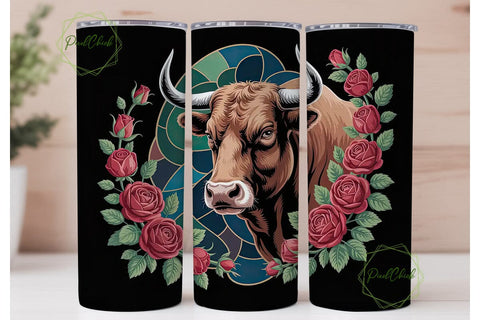 Stained Glass Bull & Roses 20oz Tumbler Sublimation PixelChick 