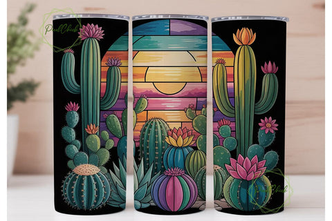 Stained Glass Cactus 20oz Tumbler Wrap Sublimation PixelChick 