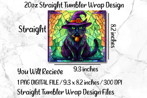 Stained Glass Cat 20oz Skinny Tumbler Wrap Sublimation Design. Sublimation CosmosFineArt 