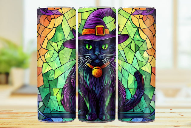 Stained Glass Cat 20oz Skinny Tumbler Wrap Sublimation Design. Sublimation CosmosFineArt 