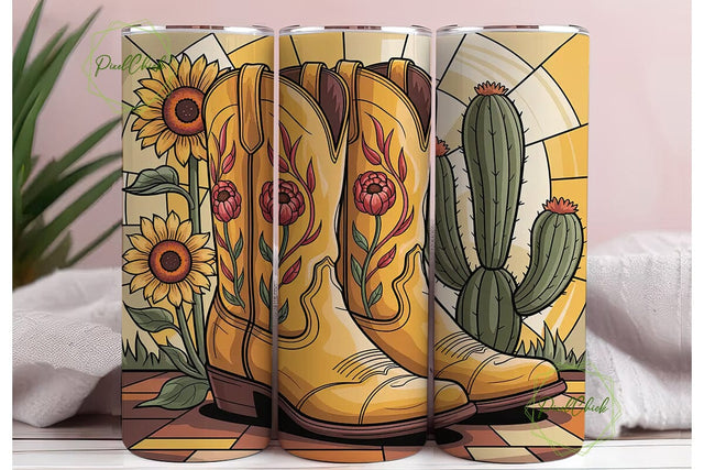Stained Glass Cowboy Boots Tumbler Wrap Sublimation PixelChick 