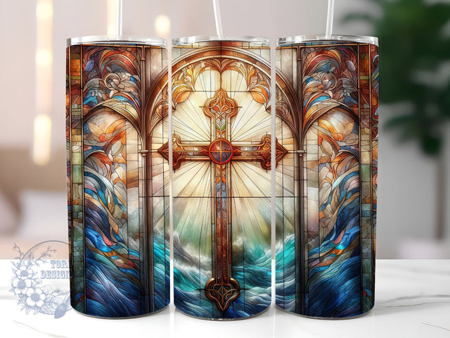 Stained Glass Cross Sublimation, Christian Cross Stained Glass 20 oz Skinny Tumbler Wrap, Cross Stained Glass Tumbler Sublimation Sublimation ToriDesigns 