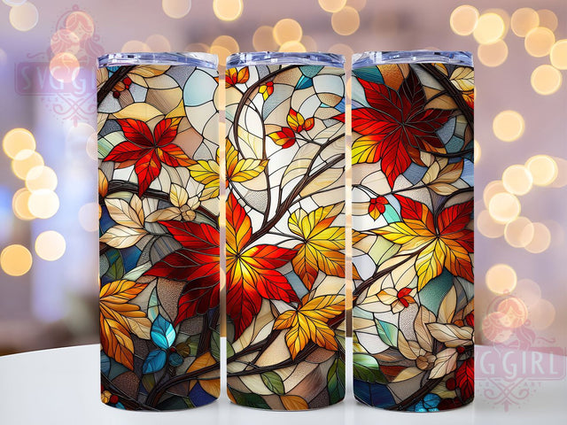 Stained Glass Fall Leaves Tumbler, Stained Glass Wrap, 20oz Tumbler Sublimation, Autumn Mosaic Design, Colorful Leaf Art Sublimation, Rustic Nature Tumbler, Artistic Foliage Wrap Sublimation SvggirlplusArt 