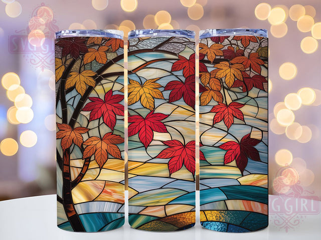 Stained Glass Fall Leaves Tumbler, Stained Glass Wrap, 20oz Tumbler Sublimation, Autumn Mosaic Design, Colorful Leaf Art Sublimation, Rustic Nature Tumbler, Artistic Foliage Wrap Sublimation SvggirlplusArt 