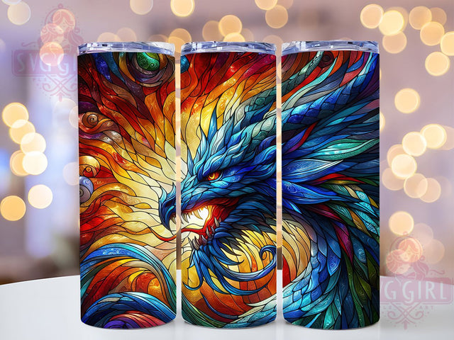 Stained Glass Fantasy Dragon Tumbler, Fantasy Dragon Wrap, 20Oz Skinny Tumbler, Mythical Creature Sublimation, Artistic Dragon Design, Enchanted Glass Wrap, Magical Beast Tumbler Sublimation SvggirlplusArt 