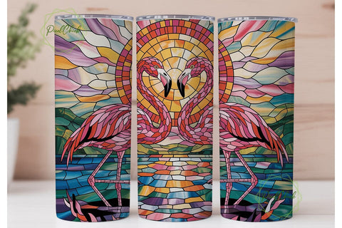 Stained Glass Flamingo Sunset Tumbler Sublimation PixelChick 