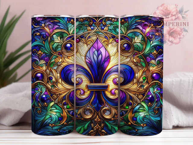 Stained Glass Fleur De Lis Tumbler, Mardi Gras Symbol Wrap, Carnival Celebration Cup, 20oz Sublimation Wrap, Festive Party Tumbler, New Orleans Heritage Cup, Colorful Fleur De Lis Design Wrap Sublimation Li Zamperini 