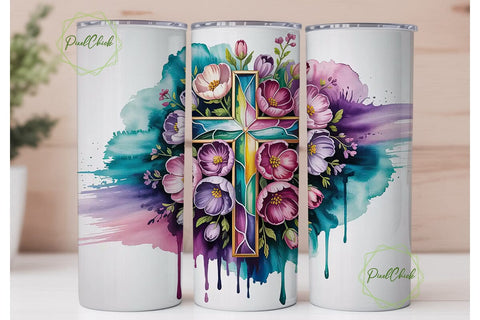 Stained Glass Floral Cross 20oz Tumbler Sublimation PixelChick 