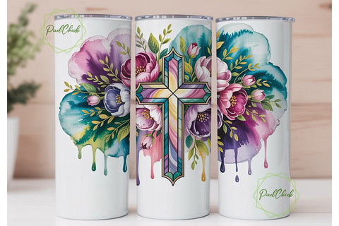 Stained Glass Floral Cross 20oz Tumbler Sublimation PixelChick 