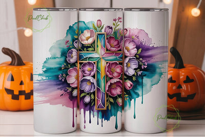 Stained Glass Floral Cross 20oz Tumbler Sublimation PixelChick 