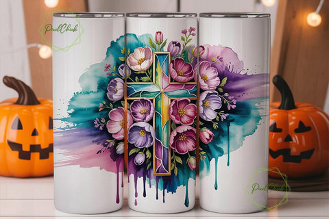 Stained Glass Floral Cross 20oz Tumbler Sublimation PixelChick 