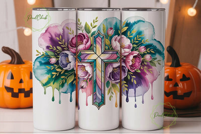 Stained Glass Floral Cross 20oz Tumbler Sublimation PixelChick 