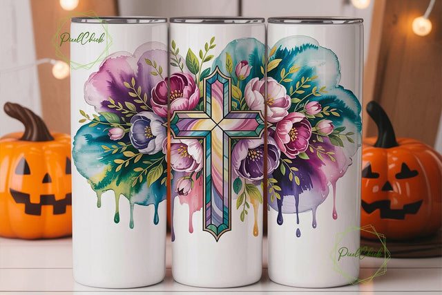 Stained Glass Floral Cross 20oz Tumbler Sublimation PixelChick 