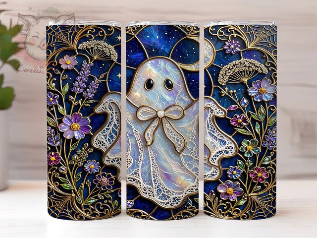 Stained Glass Ghost 20oz Tumbler, Ghost Motif, Stained Glass, Gothic Theme, Artistic Design, Glow Accent, Sublimation Wrap, 20oz Tumbler Sublimation Lara' s Designs 