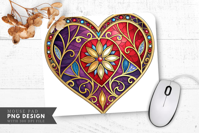 Stained Glass Heart Design with Gold Accents Mouse Pad PNG Design Sublimation Regulrcrative 