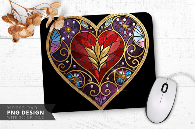 Stained Glass Heart Design with Gold Accents Mouse Pad PNG Design Sublimation Regulrcrative 