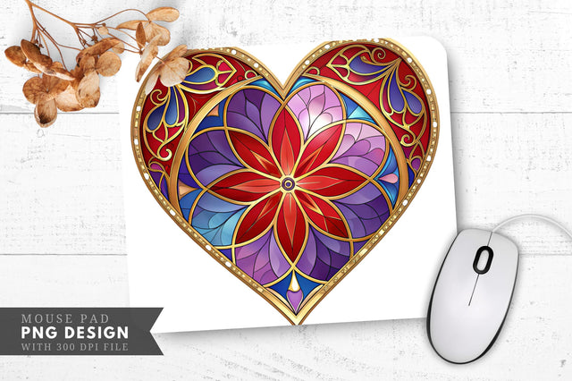 Stained Glass Heart Design with Gold Accents Mouse Pad PNG Design Sublimation Regulrcrative 