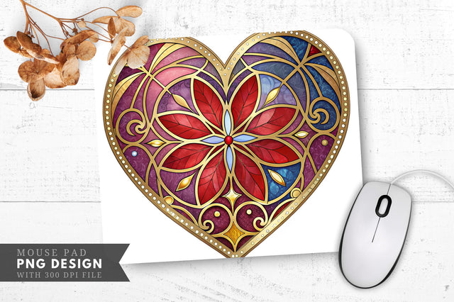 Stained Glass Heart Design with Gold Accents Mouse Pad PNG Design Sublimation Regulrcrative 