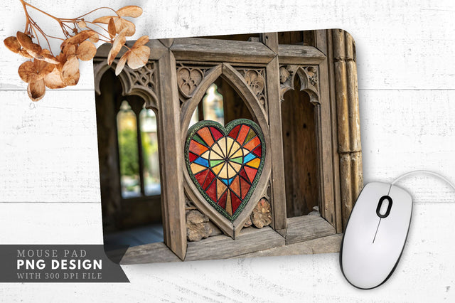 Stained Glass Heart in Vintage Cathedral Window Mouse Pad PNG Design Sublimation Regulrcrative 