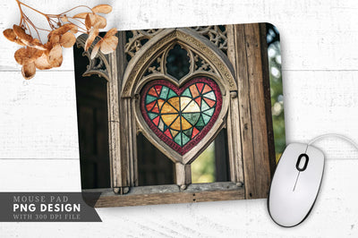 Stained Glass Heart in Vintage Cathedral Window Mouse Pad PNG Design Sublimation Regulrcrative 