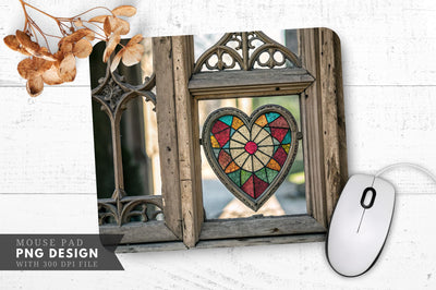 Stained Glass Heart in Vintage Cathedral Window Mouse Pad PNG Design Sublimation Regulrcrative 