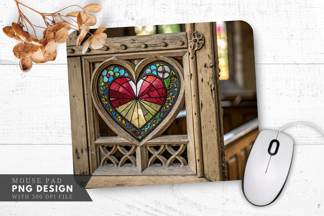 Stained Glass Heart in Vintage Cathedral Window Mouse Pad PNG Design Sublimation Regulrcrative 