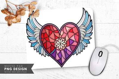 Stained Glass Heart with Angel Wings Mouse Pad PNG Design Sublimation Regulrcrative 