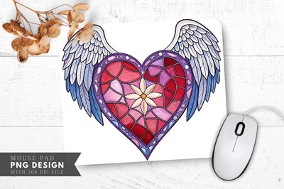 Stained Glass Heart with Angel Wings Mouse Pad PNG Design Sublimation Regulrcrative 