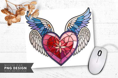 Stained Glass Heart with Angel Wings Mouse Pad PNG Design Sublimation Regulrcrative 