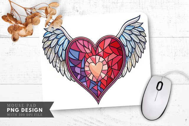 Stained Glass Heart with Angel Wings Mouse Pad PNG Design Sublimation Regulrcrative 