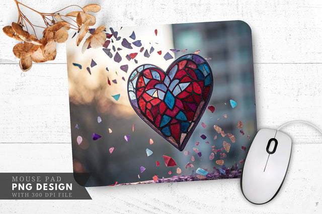 Stained Glass Heart with Floating Shards Mouse Pad PNG Design Sublimation Regulrcrative 