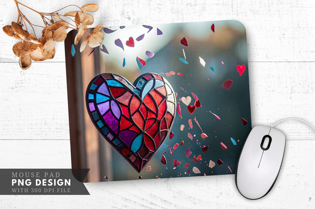 Stained Glass Heart with Floating Shards Mouse Pad PNG Design Sublimation Regulrcrative 