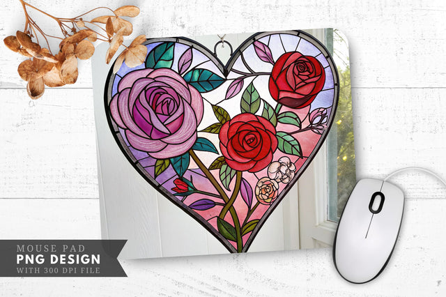 Stained Glass Heart with Roses Mouse Pad PNG Design Sublimation Regulrcrative 