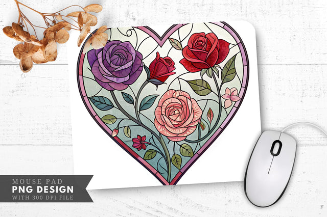 Stained Glass Heart with Roses Mouse Pad PNG Design Sublimation Regulrcrative 