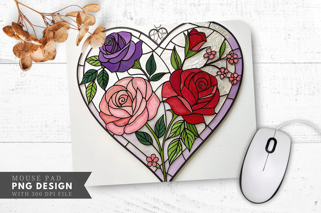 Stained Glass Heart with Roses Mouse Pad PNG Design Sublimation Regulrcrative 