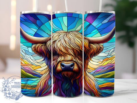Stained Glass Highland Cow 20oz Skinny Tumbler, Highland Cow Tumbler Png, Straight & Tapered Tumbler Wrap, Instant Digital Download Sublimation ToriDesigns 