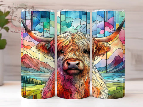 Stained Glass Highland Cow 20oz Tumbler Png, Straight & Tapered Tumbler Png, Highland Cow Tumbler Png, Digital Download PNG Sublimation Lara' s Designs 
