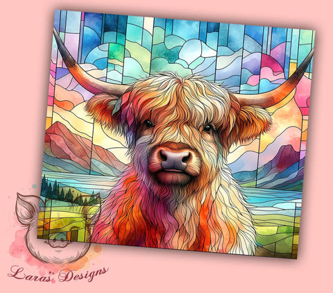 Stained Glass Highland Cow 20oz Tumbler Png, Straight & Tapered Tumbler Png, Highland Cow Tumbler Png, Digital Download PNG Sublimation Lara' s Designs 
