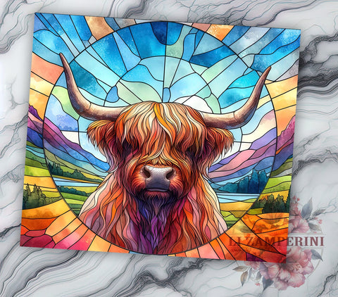 Stained Glass Highland Cow 20oz Tumbler Wrap PNG, Highland Cow Tumbler Png, Straight & Tapered Tumbler Wrap, Instant Digital Download Sublimation Li Zamperini 
