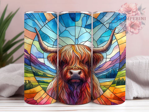 Stained Glass Highland Cow 20oz Tumbler Wrap PNG, Highland Cow Tumbler Png, Straight & Tapered Tumbler Wrap, Instant Digital Download Sublimation Li Zamperini 