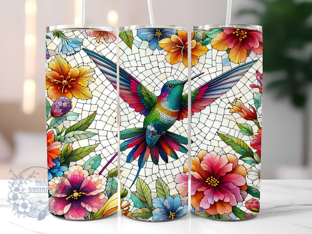 Stained Glass Hummingbird And Flowers 20oz Skinny Tumbler, Hummingbird Tumbler Png, Straight & Tapered Tumbler Wrap, Instant Digital Download Sublimation ToriDesigns 
