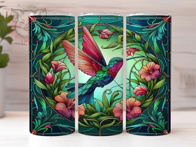 Stained Glass Hummingbird Tumbler, Hummingbird Art, Colorful Flowers, Green Nature, Sublimation Art, 20oz Tumbler, Elegant Wrap Sublimation Lara' s Designs 