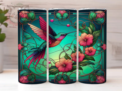 Stained Glass Hummingbird Tumbler, Hummingbird Art, Colorful Flowers, Green Nature, Sublimation Art, 20oz Tumbler, Elegant Wrap Sublimation Lara' s Designs 