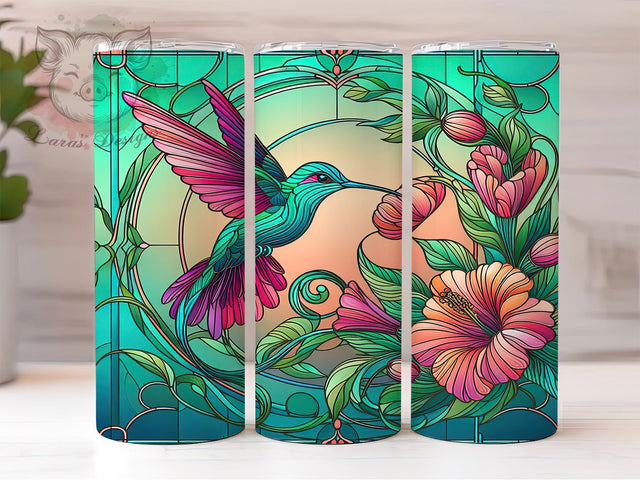 Stained Glass Hummingbird Tumbler, Hummingbird Art, Colorful Flowers, Green Nature, Sublimation Art, 20oz Tumbler, Elegant Wrap Sublimation Lara' s Designs 