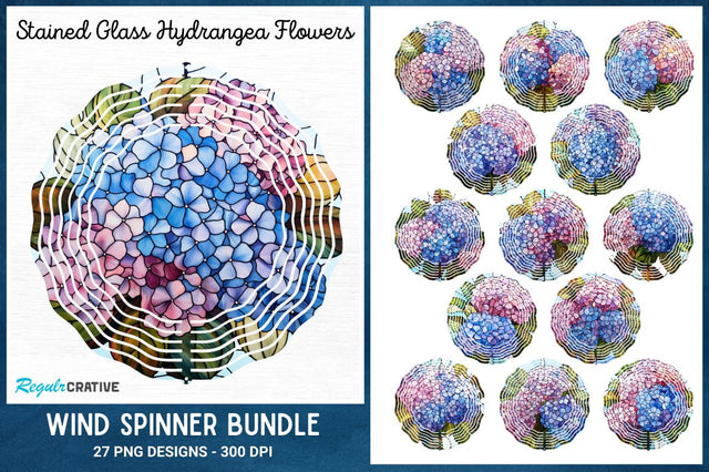 Stained Glass Hydrangea Flowers Wind Spinner Bundle Sublimation Regulrcrative 
