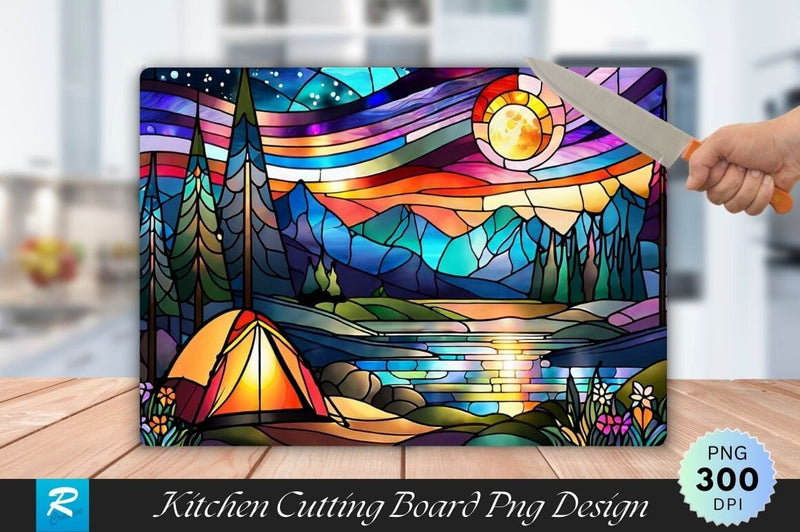 Stained Glass Landscape Camping Background Cutting Board Sublimation Regulrcrative 