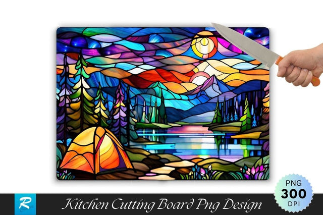 Stained Glass Landscape Camping Background Cutting Board Sublimation Regulrcrative 