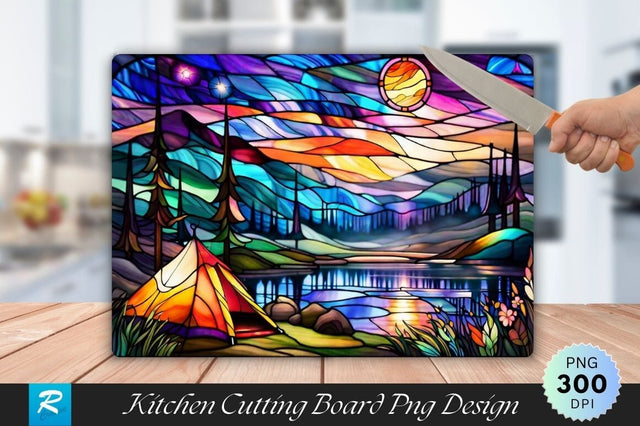 Stained Glass Landscape Camping Background Cutting Board Sublimation Regulrcrative 