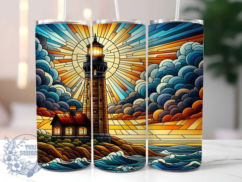 Stained Glass Lighthouse 20oz Tumbler, Nautical Art Wrap, 20oz Sublimation Wrap, Coastal Lighthouse Cup, Ocean Sunset Design, Seaside Stained Glass, Beach Theme Tumbler Sublimation ToriDesigns 